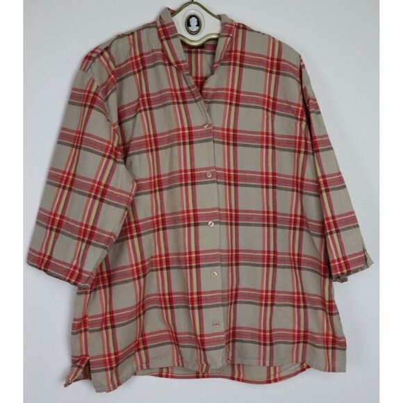 WOMEN'S BEIGE & PINK PLAID BUTTON-UP TOP - LISA DEE - SIZE 2X - Picture 1 of 3